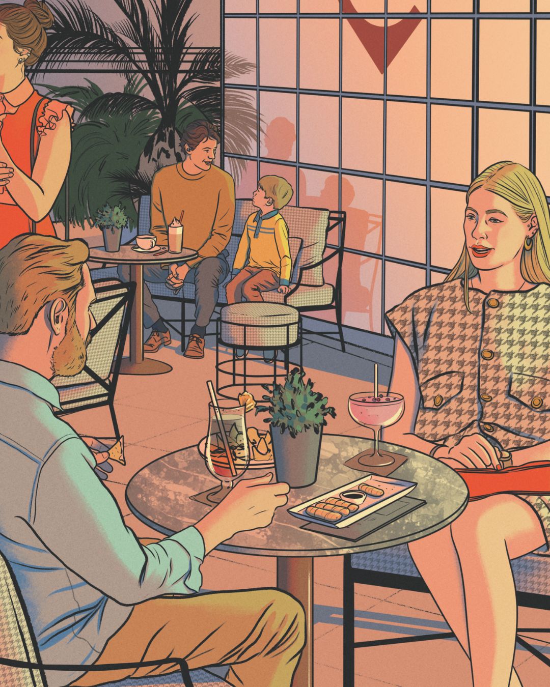 Jardín de Diana Gran Via The Madrileñer Maria Simavilla vista ilustración pareja hablando aperitivo