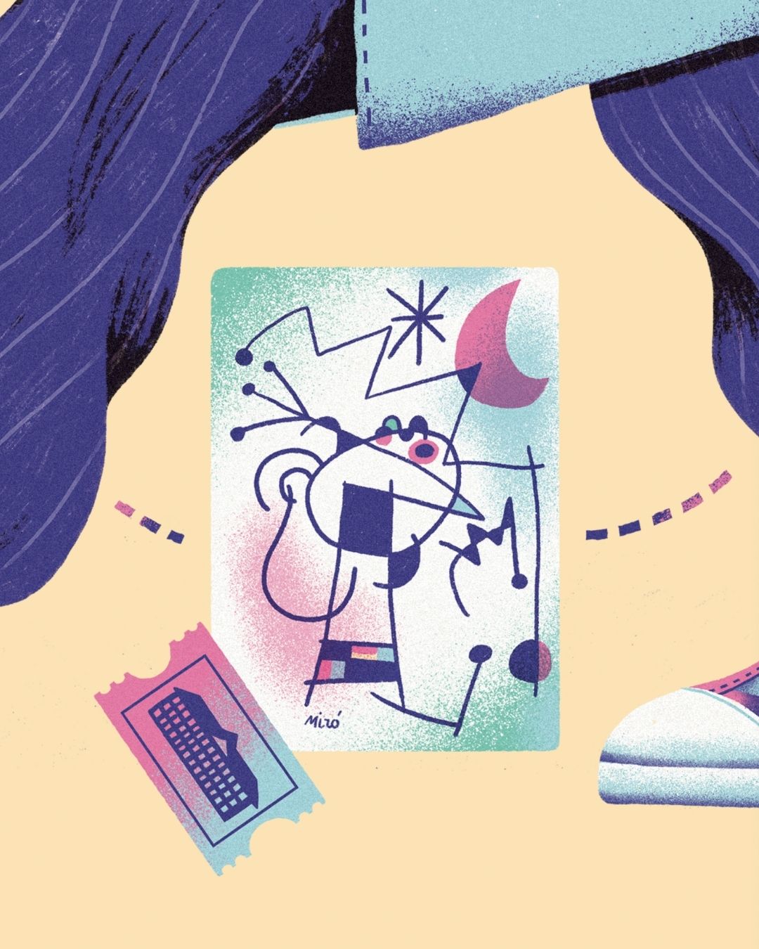 Detalle de la lámina con ticket de entrada de museo y una obra de Miro