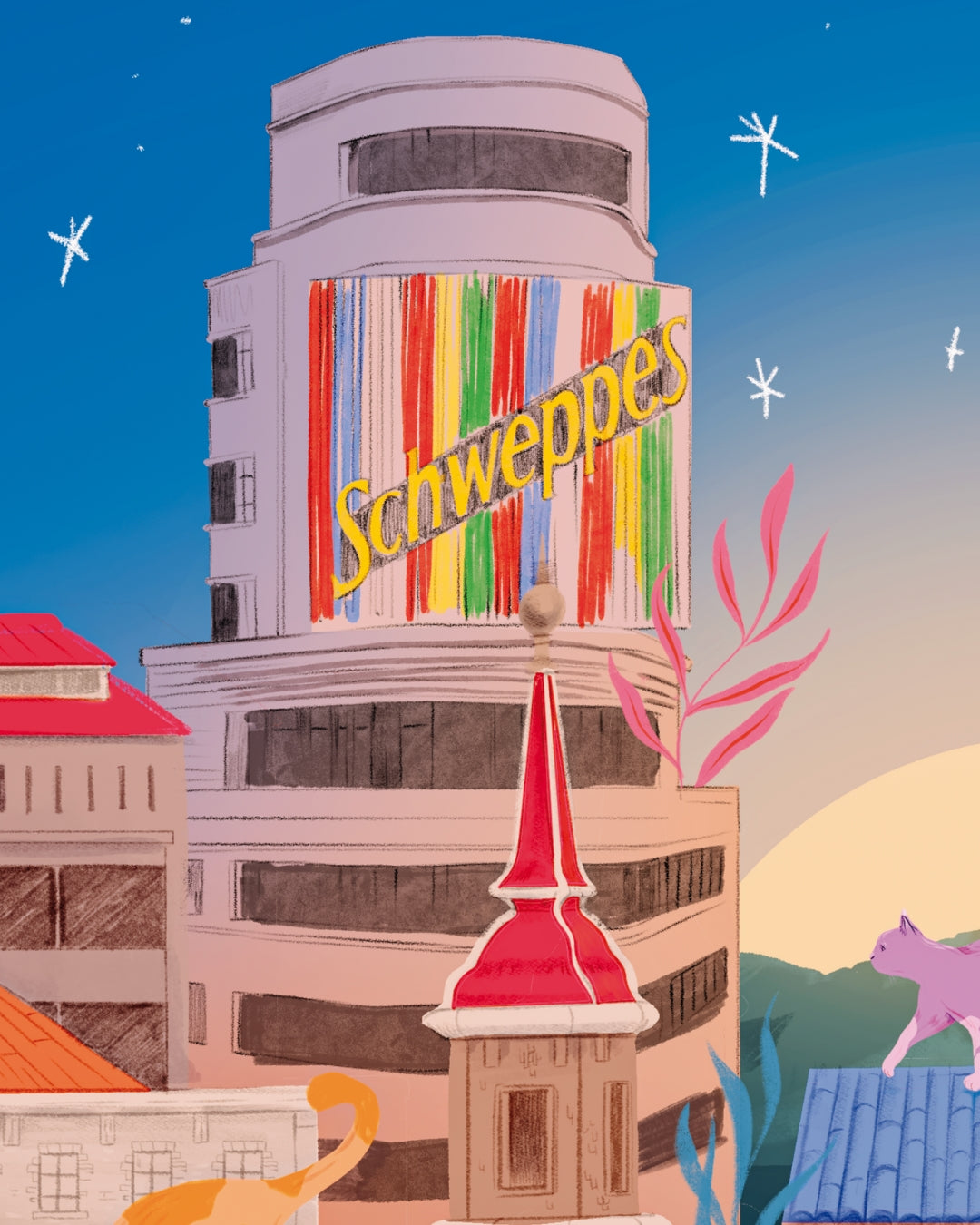 The Madrileñer Gatetes Luna Naranjalidad Beatriz Ramos láminas Madrid poster ilustración gran via schweppes edificio