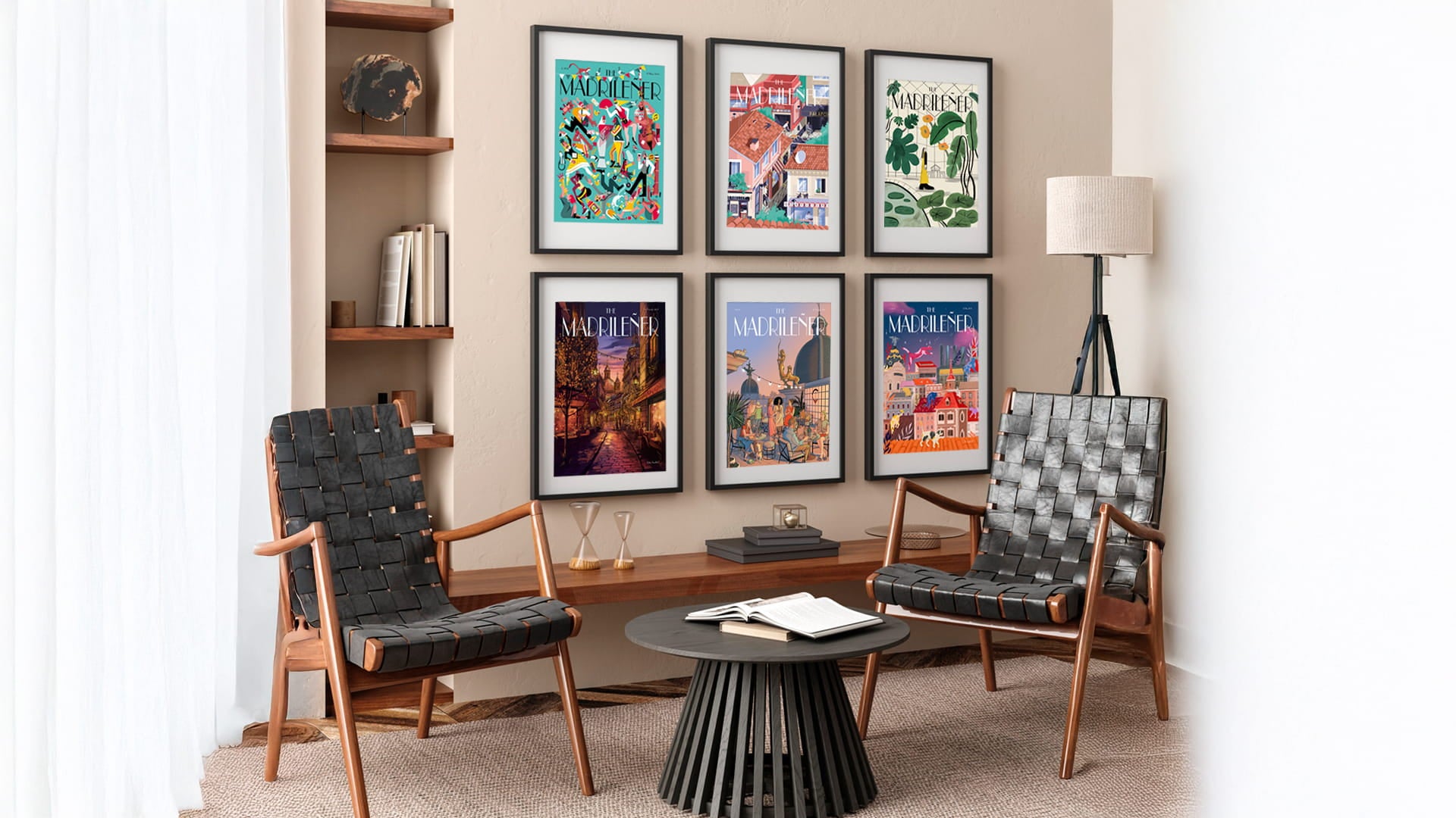 Vista de una pared con láminas o póster decorativo de Madrid con ilustración en composición de formato wall art