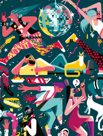 Lamina Nocturniciudad_Detalle Gato y bola de Discoteca