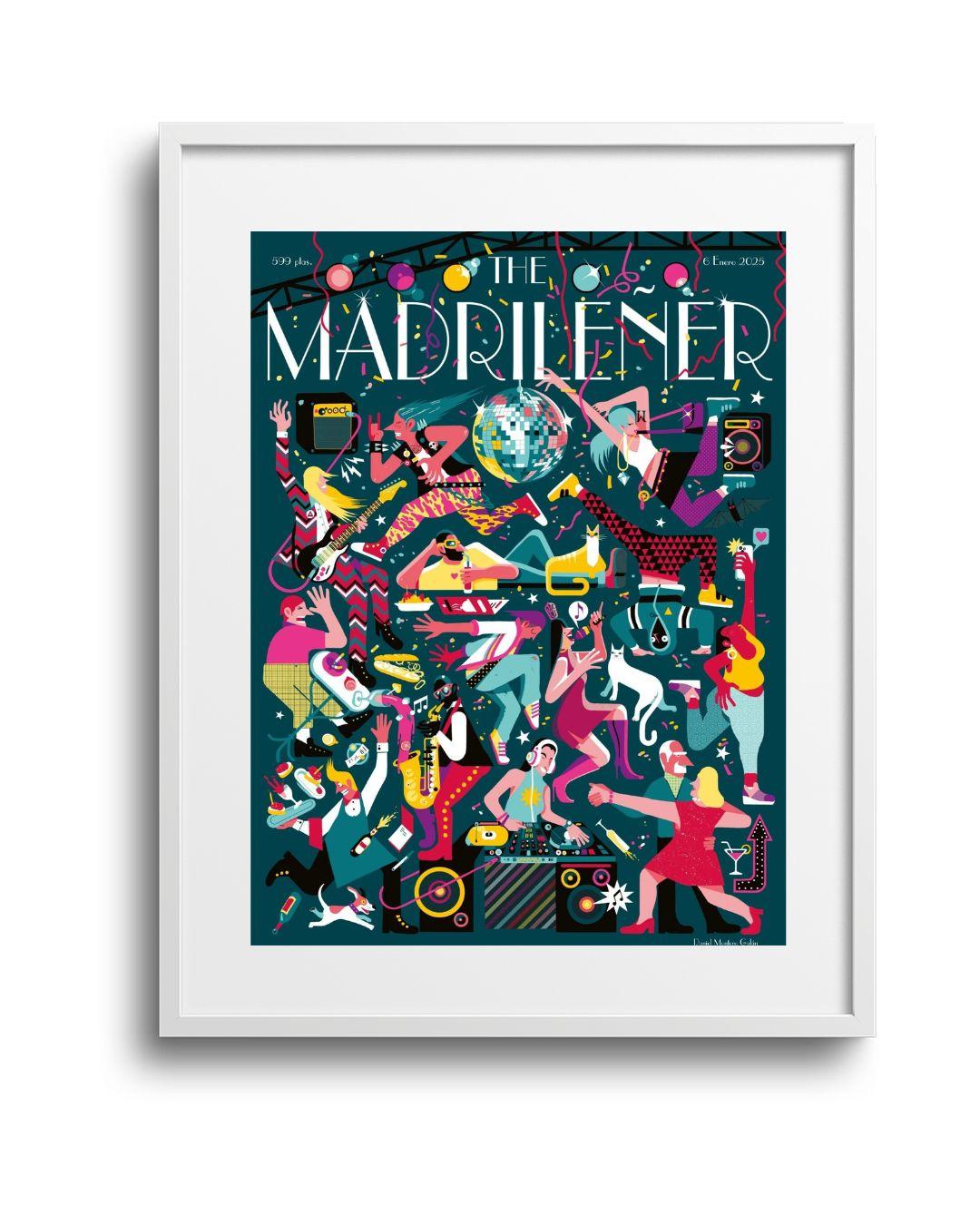 Lámina Nocturniciudad The Madrileñer con marco blanco, ilustración Madrid nocturno