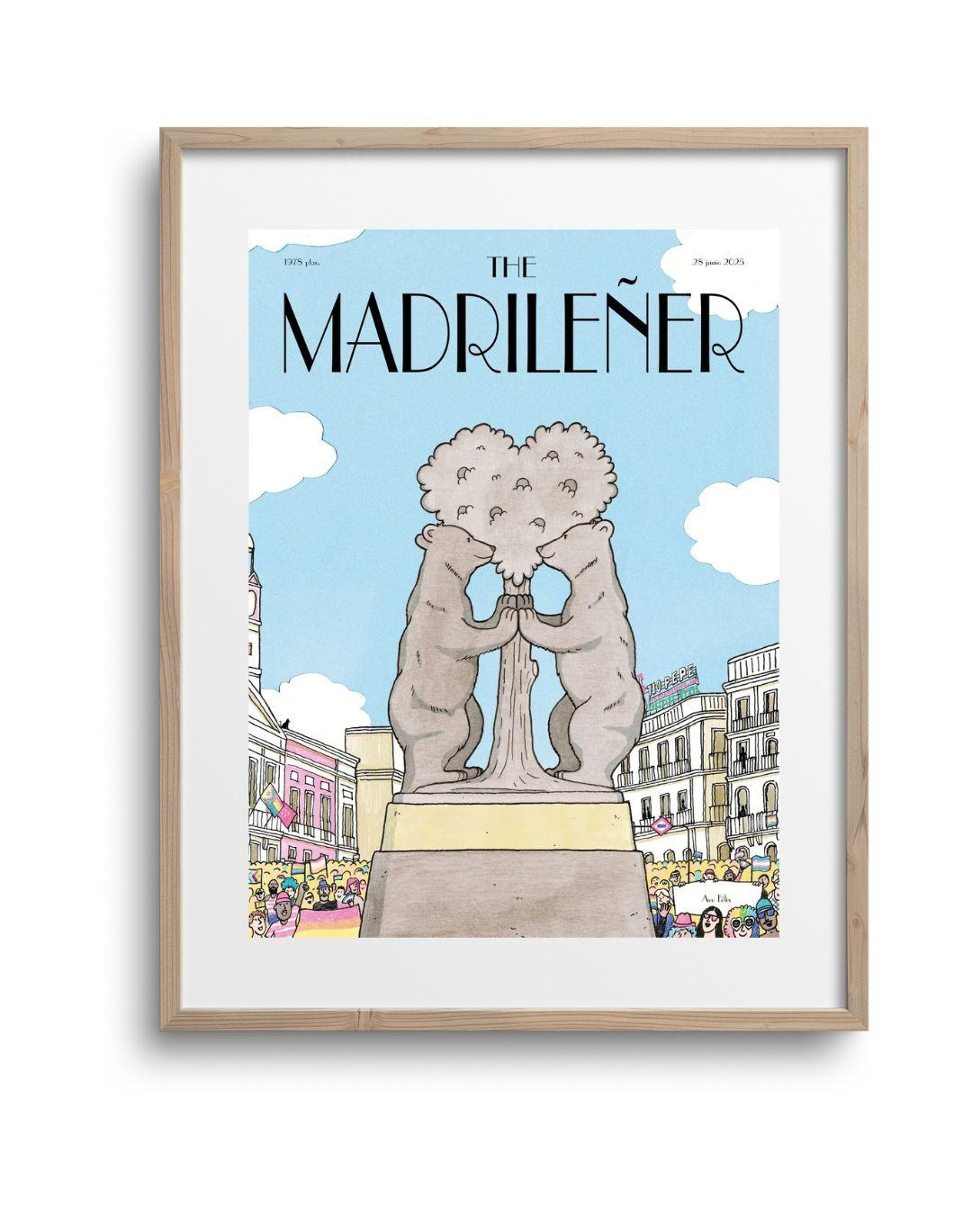 Lámina Osos Orgullosos The Madrileñer con marco de madera, ilustración osos Madrid orgullo