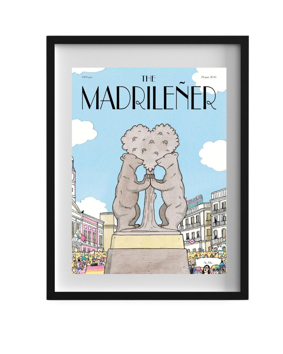 Lámina Osos Orgullosos The Madrileñer con marco negro, ilustración osos Madrid orgullo