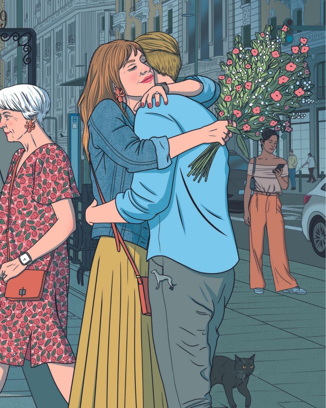 Pareja abrazando Lamina Punto de Encuentro (Metro Gran Vía)