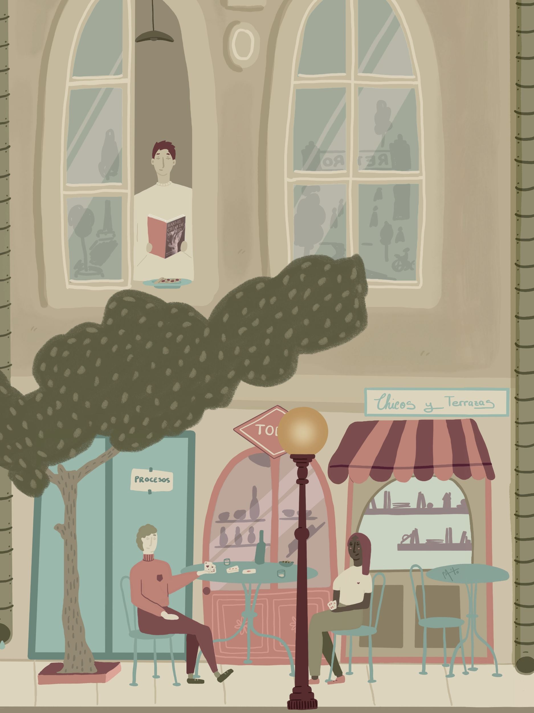 Themadrilenerbajoelcielodeamadriddetalleventanalibroycafe